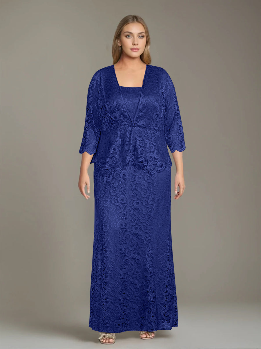 Sheath/Column Square Neck 3/4 Length Sleeves Floor-Length 2 Pieces Plus Size Mother of the Bride Dresses with Jacket