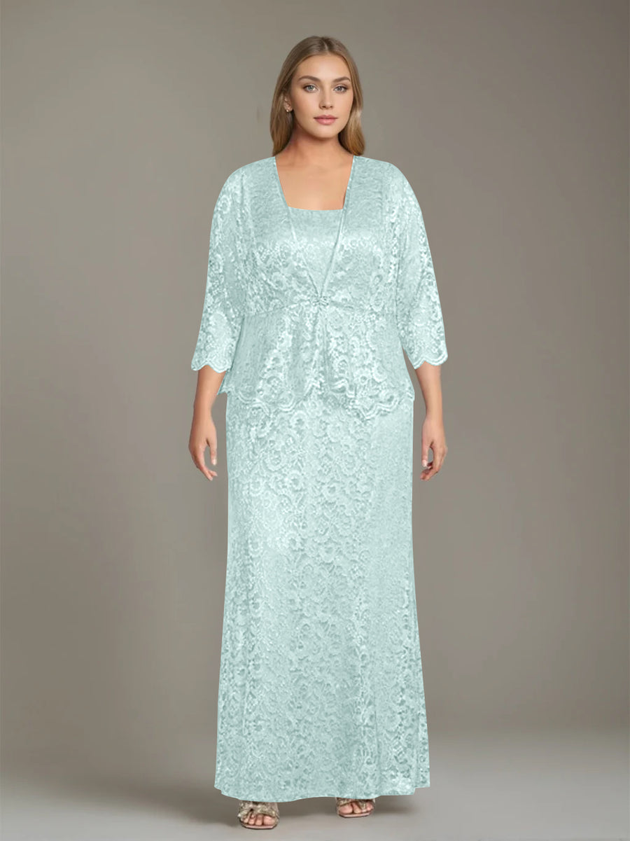Sheath/Column Square Neck 3/4 Length Sleeves Floor-Length 2 Pieces Plus Size Mother of the Bride Dresses with Jacket
