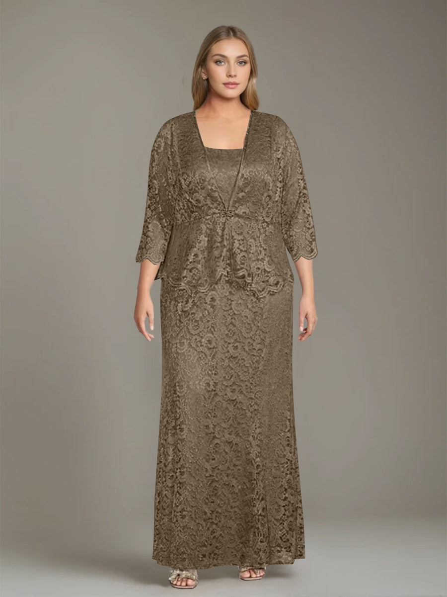 Sheath/Column Square Neck 3/4 Length Sleeves Floor-Length 2 Pieces Plus Size Mother of the Bride Dresses with Jacket