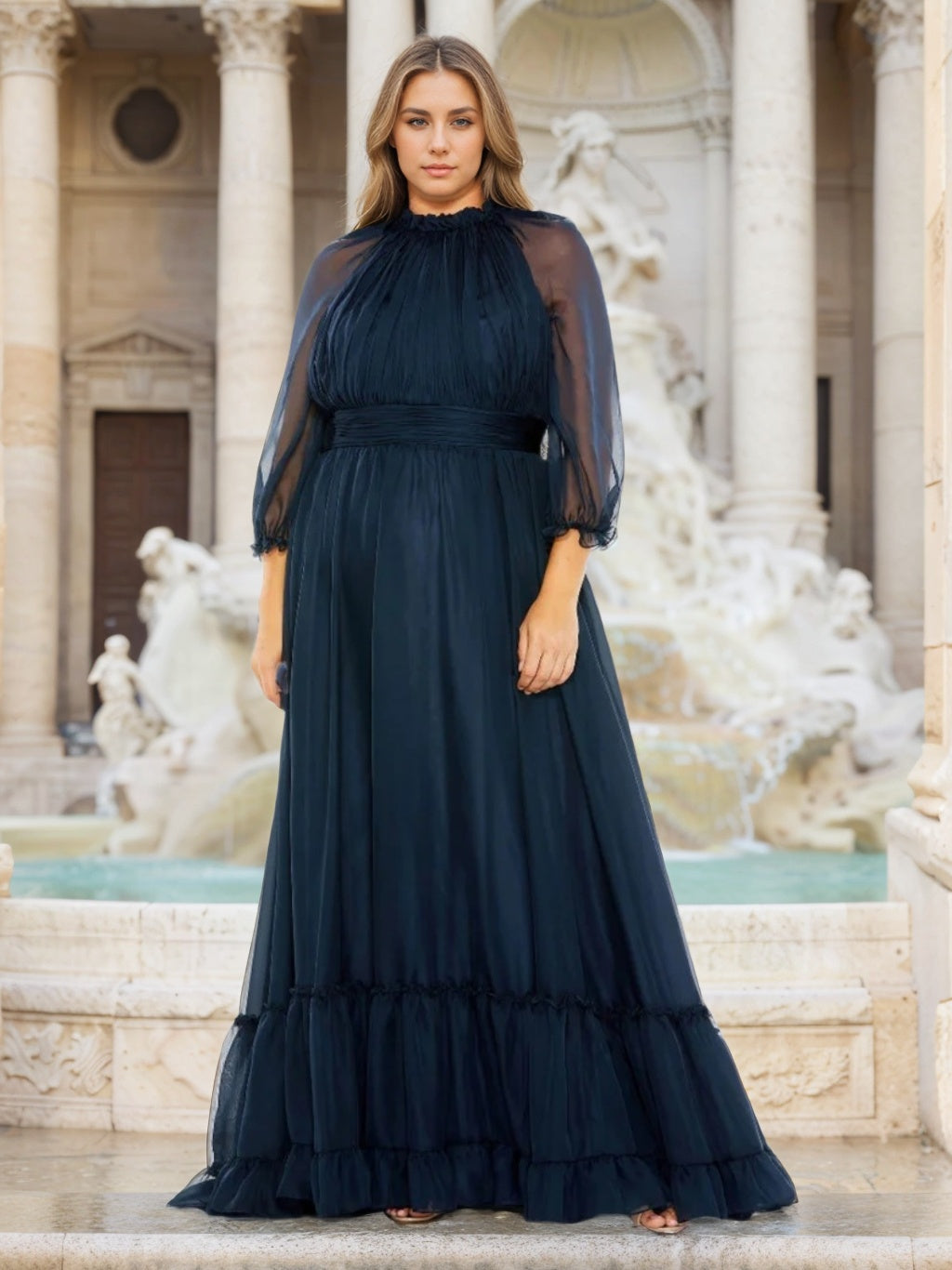 Navy Blue Mother of the Bride Dresses Plus Women's A-Line/Princess Halter 3/4 Length Sleeves Floor-Length Formal Evening Guest Gowns, Navy Blue