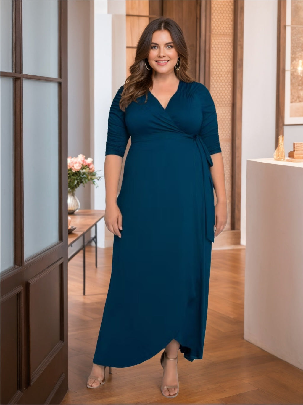 Elegant Plus Mother of the Groom Gowns Women's A-Line/Princess V-Neck Half Sleeves Formal Evening Ball Gowns, Teal