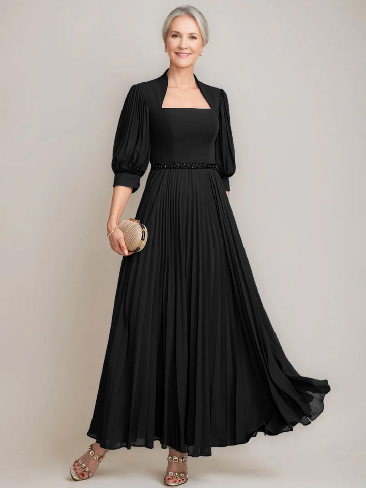 A-line/Princess Queen Anne Neckline Ankle-Length Pleated Mother of the Bride Dresses with Sequins & Beads