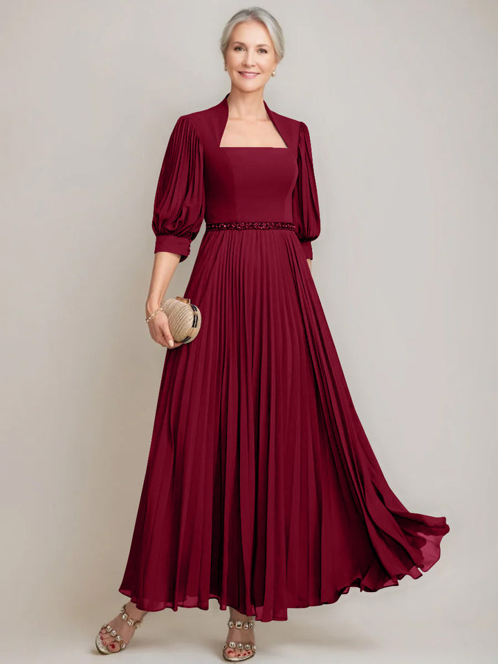 A-line/Princess Queen Anne Neckline Ankle-Length Pleated Mother of the Bride Dresses with Sequins & Beads
