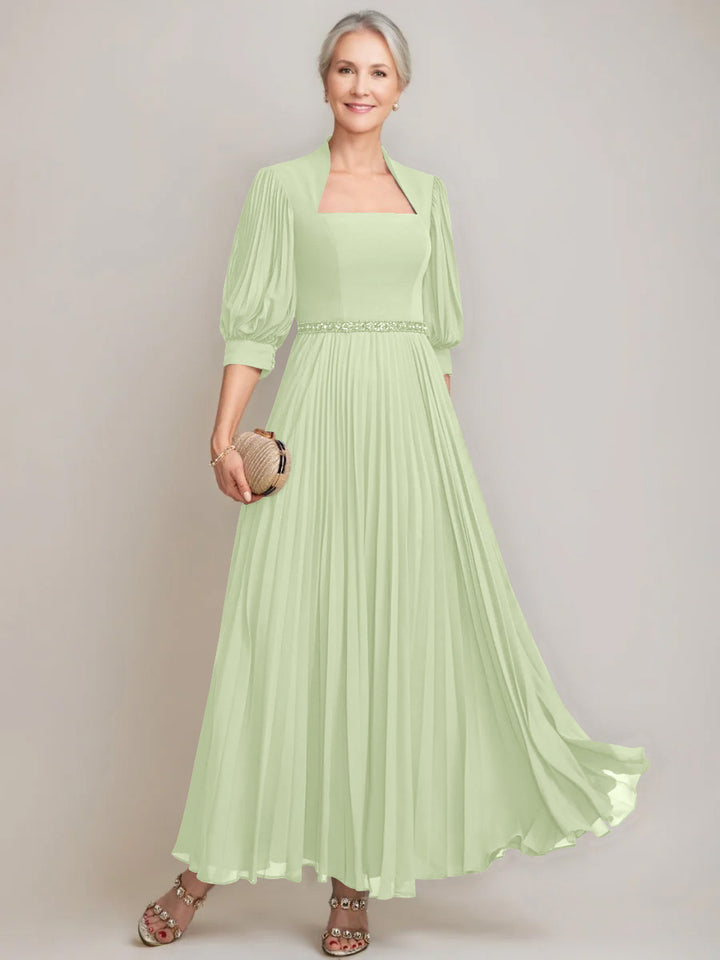 A-line/Princess Queen Anne Neckline Ankle-Length Pleated Mother of the Bride Dresses with Sequins & Beads