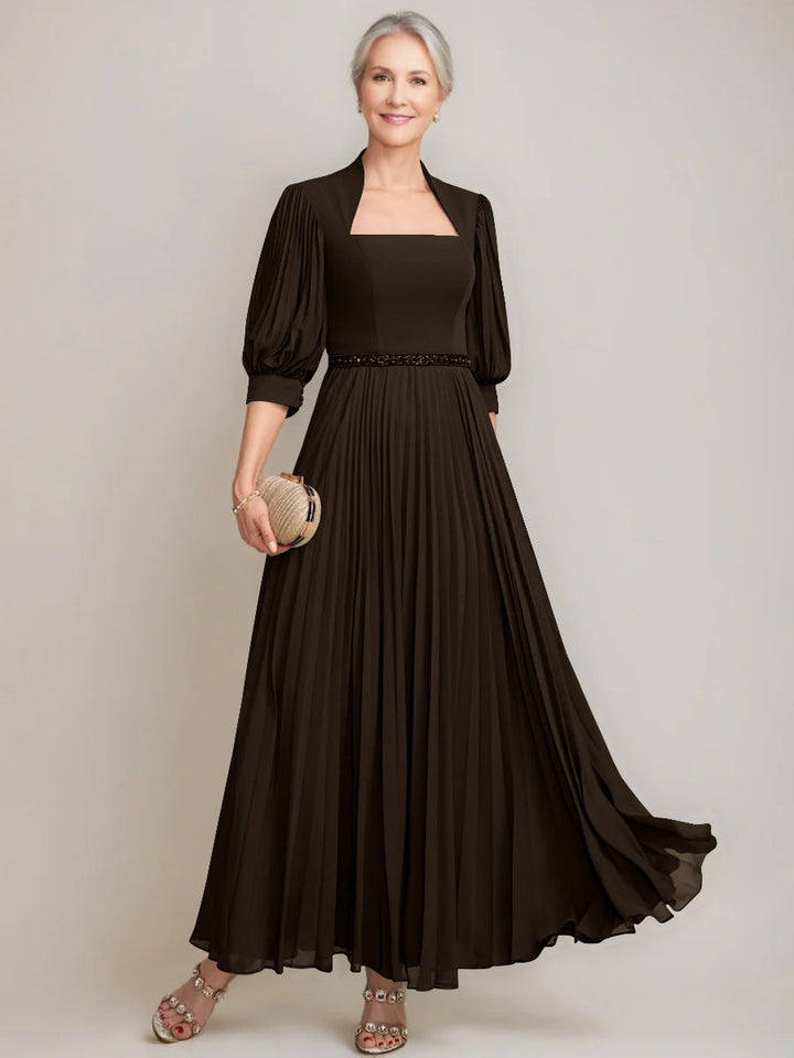 A-line/Princess Queen Anne Neckline Ankle-Length Pleated Mother of the Bride Dresses with Sequins & Beads