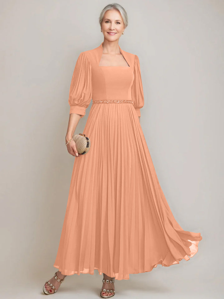 A-line/Princess Queen Anne Neckline Ankle-Length Pleated Mother of the Bride Dresses with Sequins & Beads