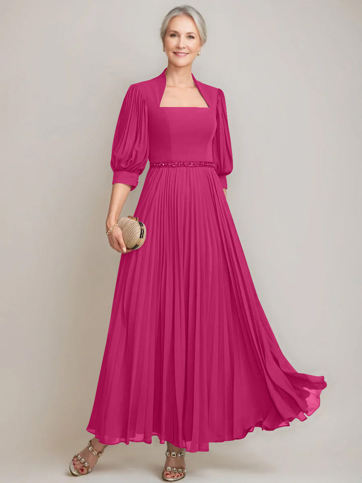 A-line/Princess Queen Anne Neckline Ankle-Length Pleated Mother of the Bride Dresses with Sequins & Beads
