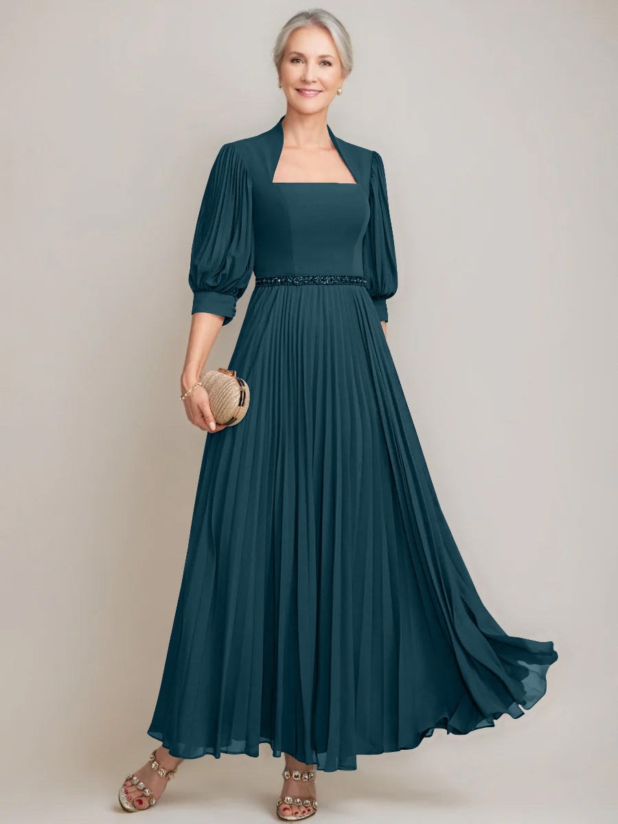 A-line/Princess Queen Anne Neckline Ankle-Length Pleated Mother of the Bride Dresses with Sequins & Beads Ink Blue A-line/Princess Queen Anne Neckline Ankle-Length Pleated Mother of the Bride Dresses with Sequins & Beads Ink Blue
