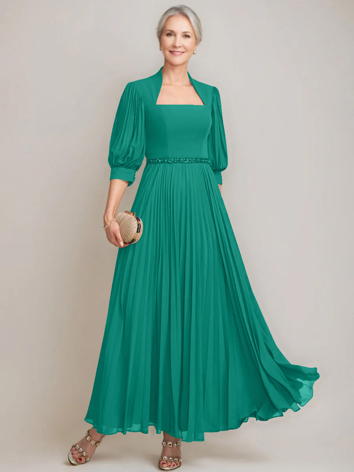 A-line/Princess Queen Anne Neckline Ankle-Length Pleated Mother of the Bride Dresses with Sequins & Beads