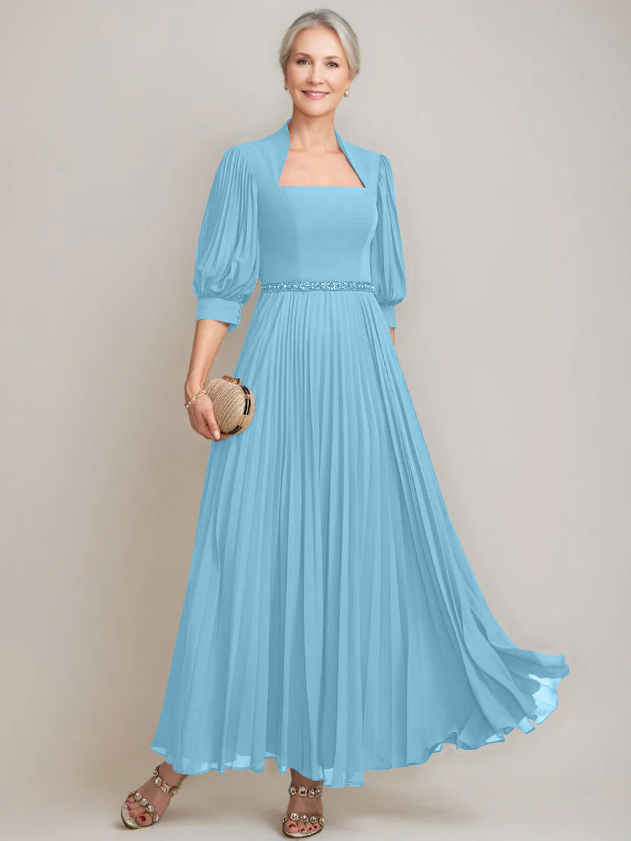 A-line/Princess Queen Anne Neckline Ankle-Length Pleated Mother of the Bride Dresses with Sequins & Beads