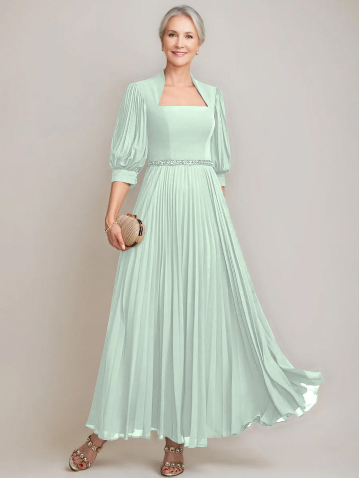 A-line/Princess Queen Anne Neckline Ankle-Length Pleated Mother of the Bride Dresses with Sequins & Beads