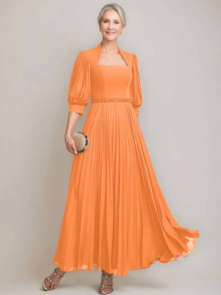 A-line/Princess Queen Anne Neckline Ankle-Length Pleated Mother of the Bride Dresses with Sequins & Beads
