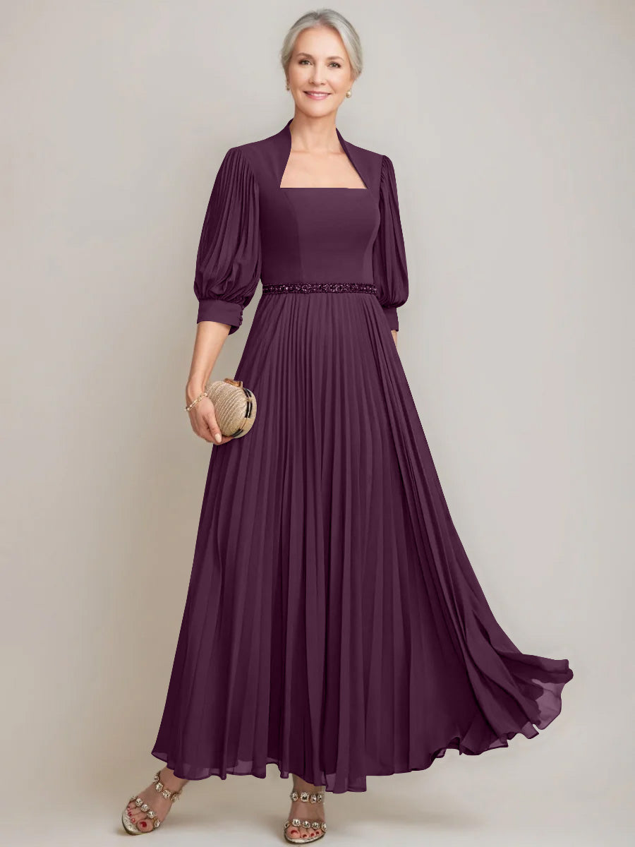 A-line/Princess Queen Anne Neckline Ankle-Length Pleated Mother of the Bride Dresses with Sequins & Beads