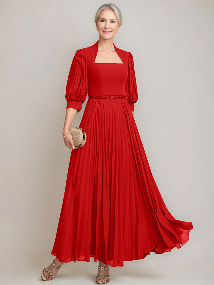 A-line/Princess Queen Anne Neckline Ankle-Length Pleated Mother of the Bride Dresses with Sequins & Beads