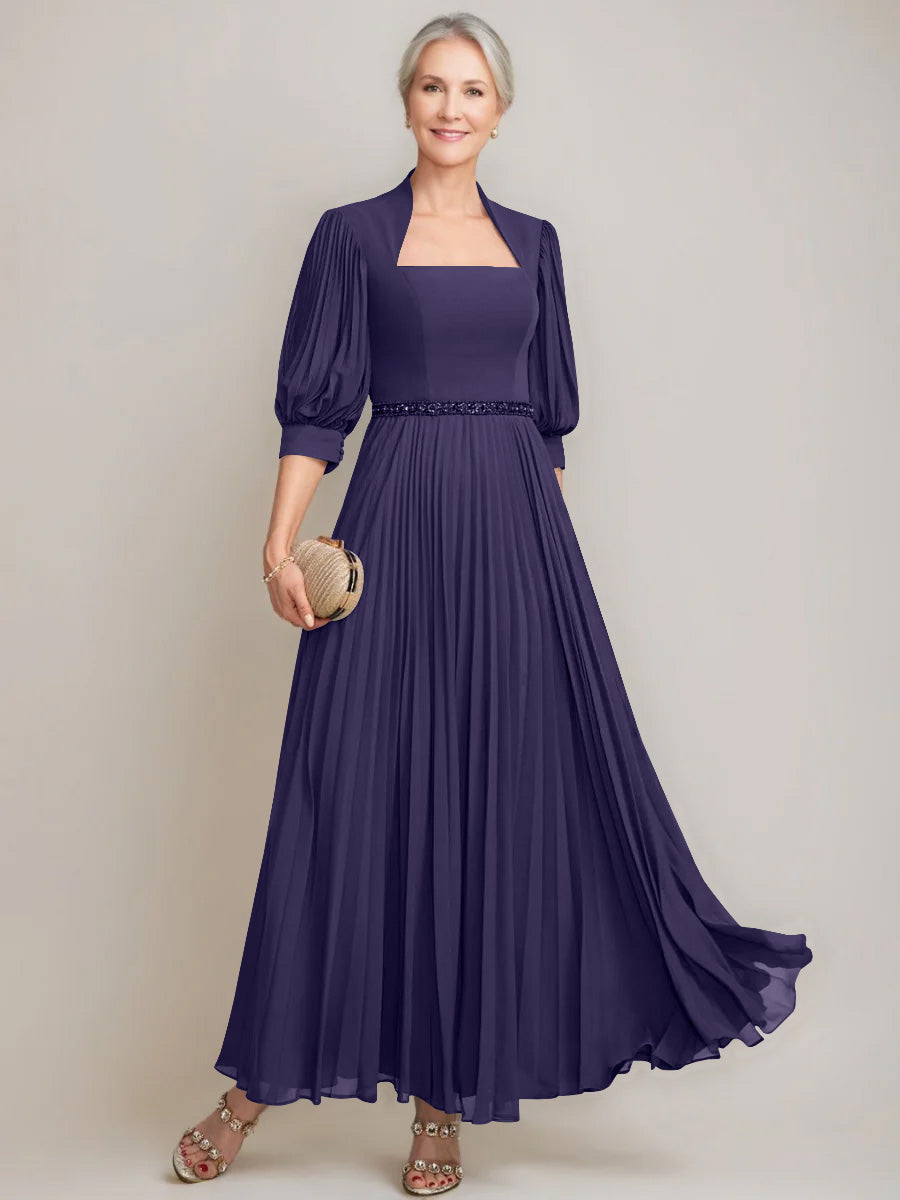 A-line/Princess Queen Anne Neckline Ankle-Length Pleated Mother of the Bride Dresses with Sequins & Beads Royal Blue