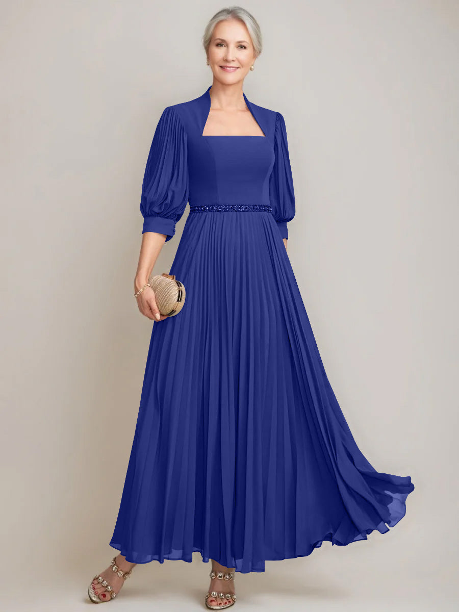 A-line/Princess Queen Anne Neckline Ankle-Length Pleated Mother of the Bride Dresses with Sequins & Beads