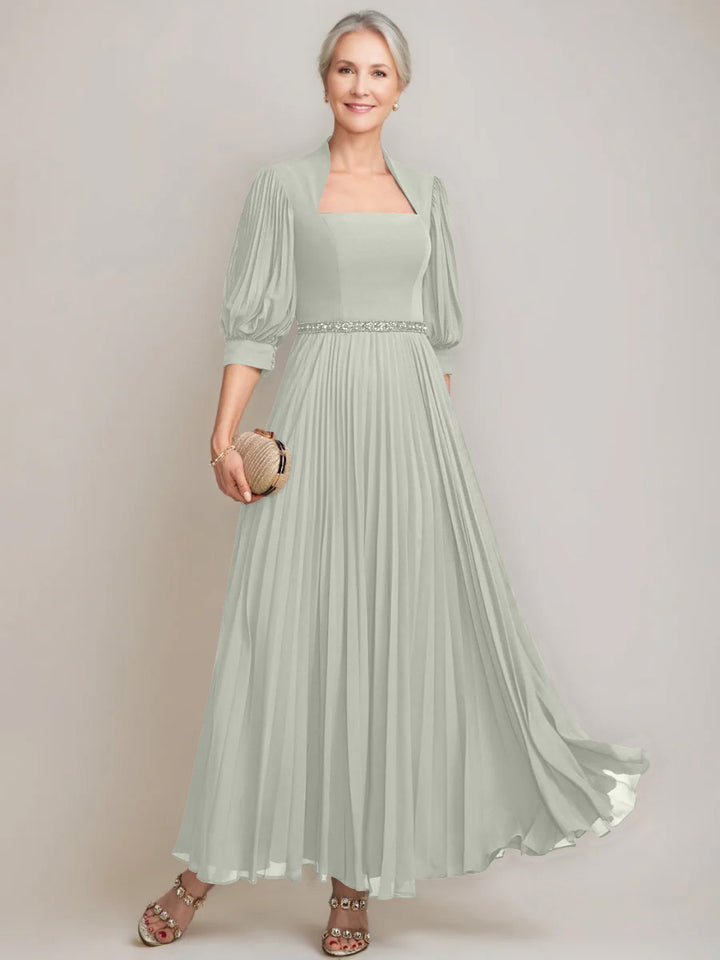 A-line/Princess Queen Anne Neckline Ankle-Length Pleated Mother of the Bride Dresses with Sequins & Beads