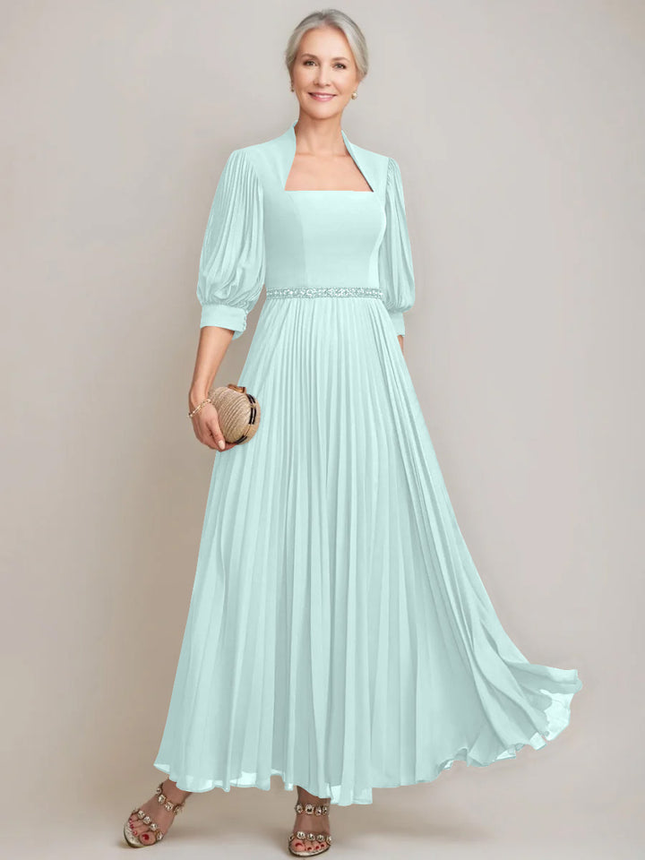 A-line/Princess Queen Anne Neckline Ankle-Length Pleated Mother of the Bride Dresses with Sequins & Beads