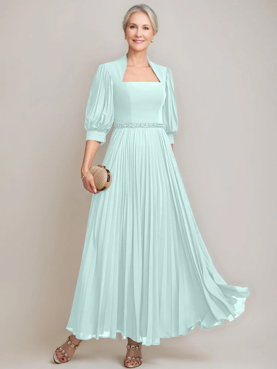 A-line/Princess Queen Anne Neckline Ankle-Length Pleated Mother of the Bride Dresses with Sequins & Beads