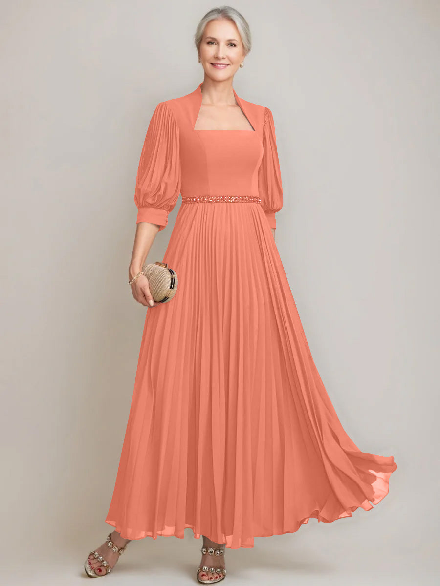 A-line/Princess Queen Anne Neckline Ankle-Length Pleated Mother of the Bride Dresses with Sequins & Beads
