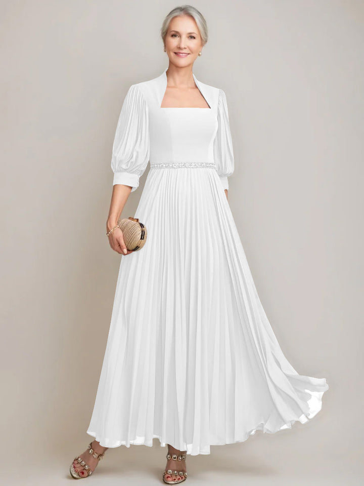 A-line/Princess Queen Anne Neckline Ankle-Length Pleated Mother of the Bride Dresses with Sequins & Beads