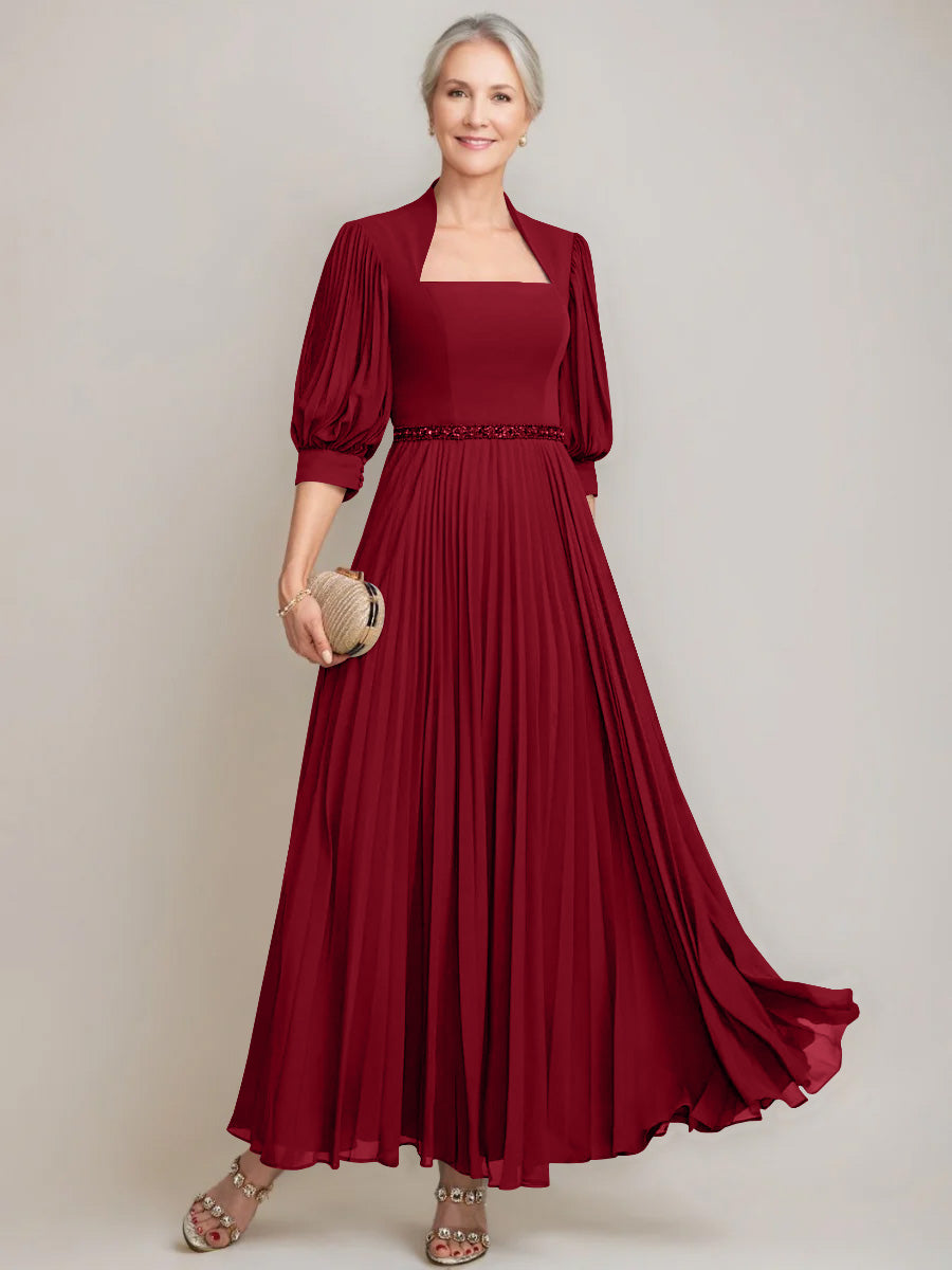 A-line/Princess Queen Anne Neckline Ankle-Length Pleated Mother of the Bride Dresses with Sequins & Beads