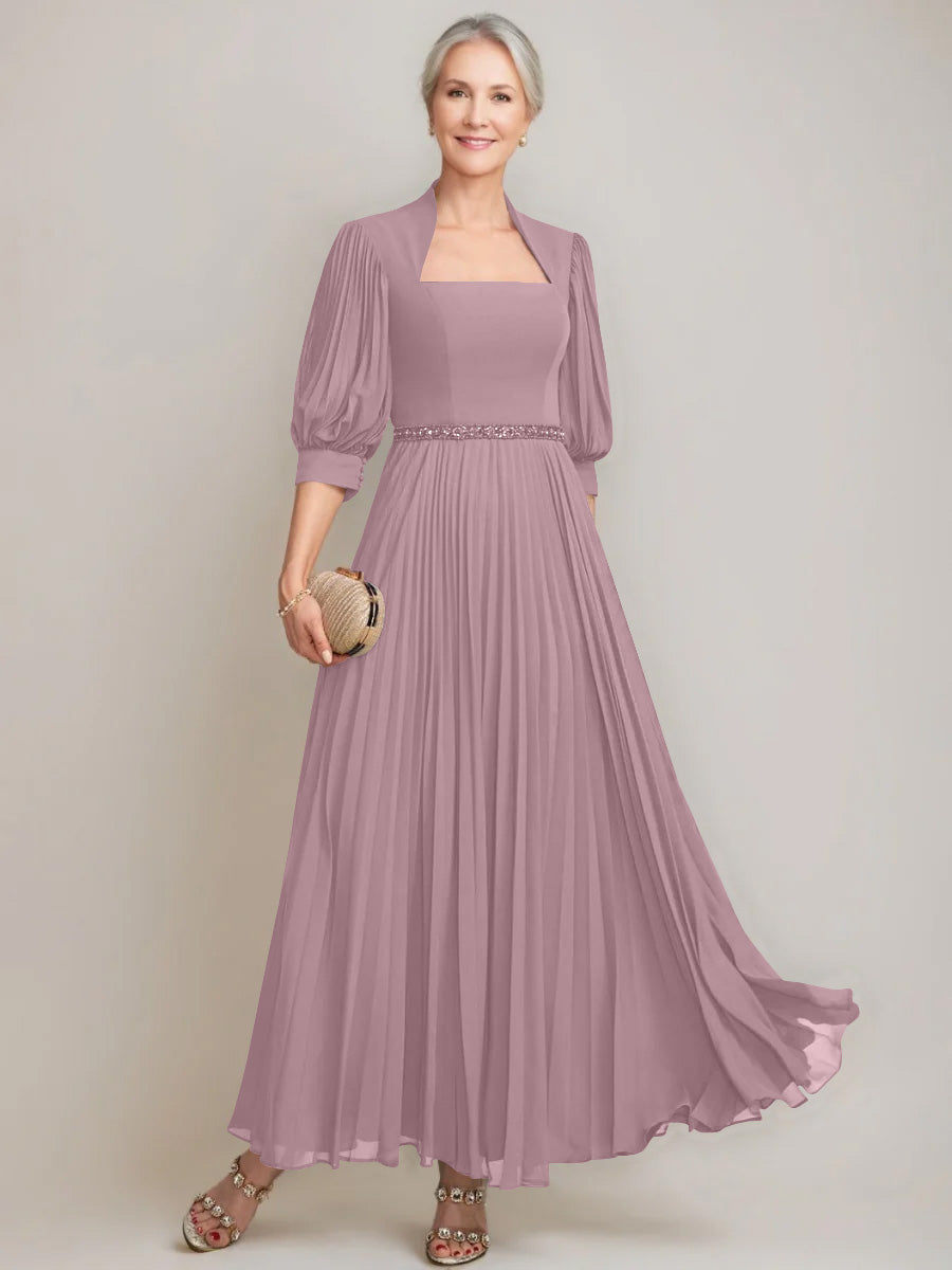 A-line/Princess Queen Anne Neckline Ankle-Length Pleated Mother of the Bride Dresses with Sequins & Beads