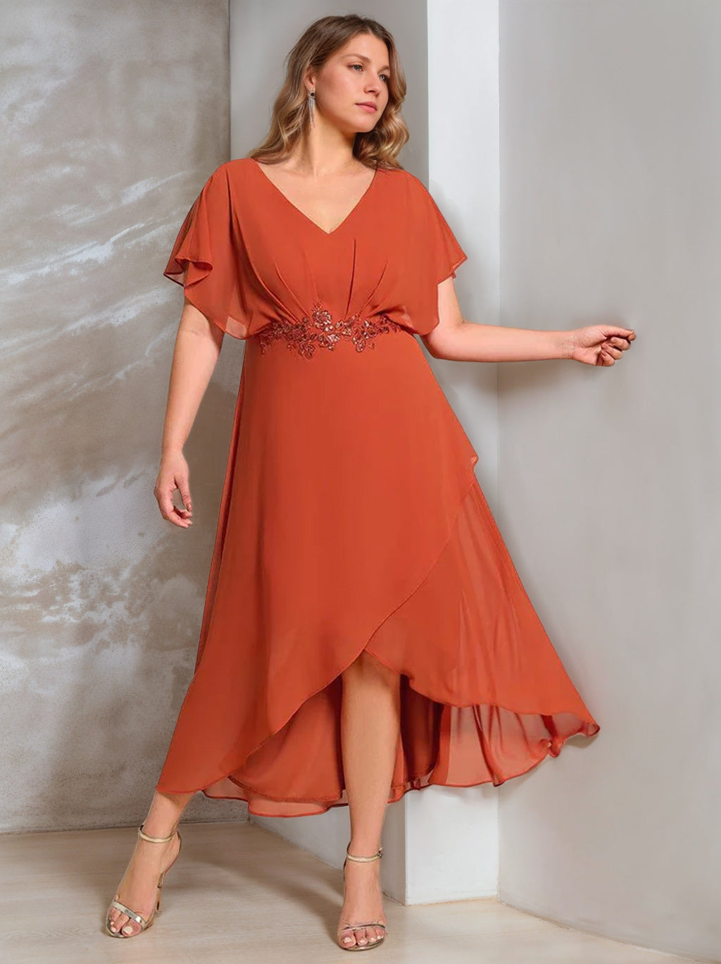 open lace back dress Mara Elegant V Neck Lace Ruffles Plus Size Mother of The Bride Dresses, Burnt Orange