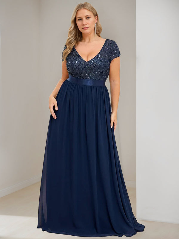 Navy Blue A-Line/Princess V-Neck Short Sleeves Floor-Length Chiffon Plus Size Mother Of The Bride Dresses with Ribbon