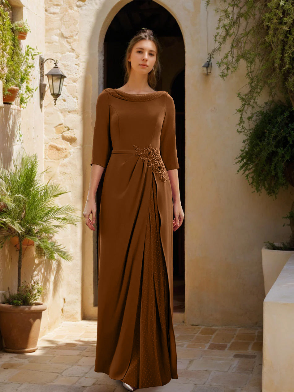 Sheath/Column Cowl Neck 3/4 Sleeves Floor-Length Mother of the Bride Dresses with Tulle & Sash & Slit & Jewel Appliques Burnt Orange Sheath/Column Cowl Neck 3/4 Sleeves Floor-Length Mother of the Bride Dresses with Tulle & Sash & Slit & Jewel Appliques Burnt Orange