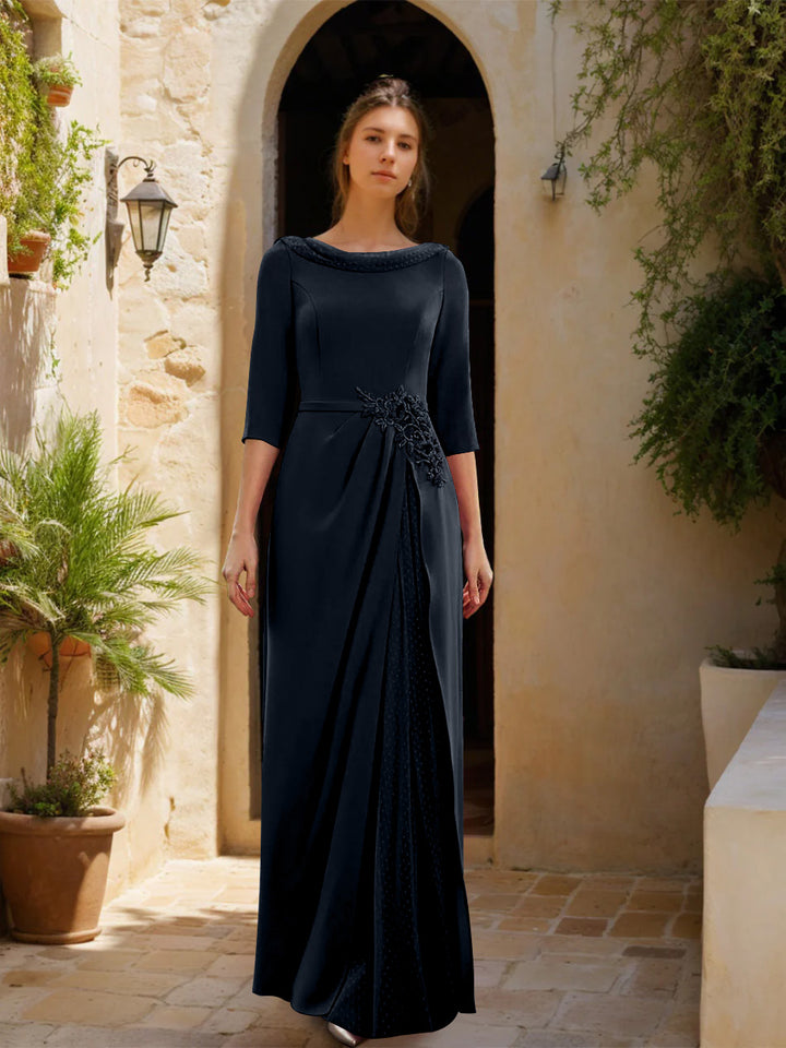 Sheath/Column Cowl Neck 3/4 Sleeves Floor-Length Mother of the Bride Dresses with Tulle & Sash & Slit & Jewel Appliques