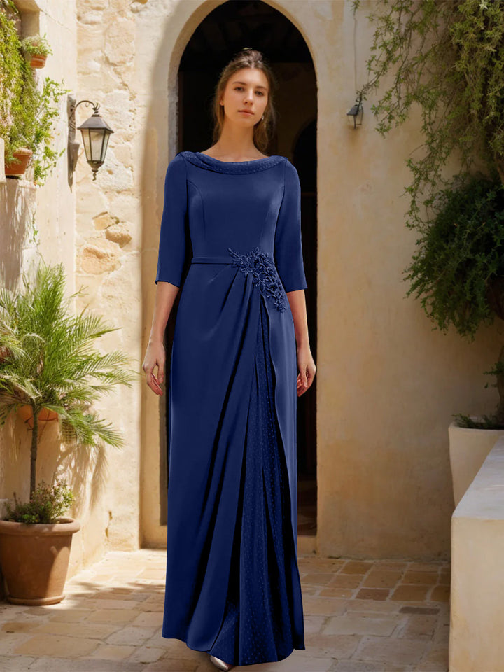 Sheath/Column Cowl Neck 3/4 Sleeves Floor-Length Mother of the Bride Dresses with Tulle & Sash & Slit & Jewel Appliques