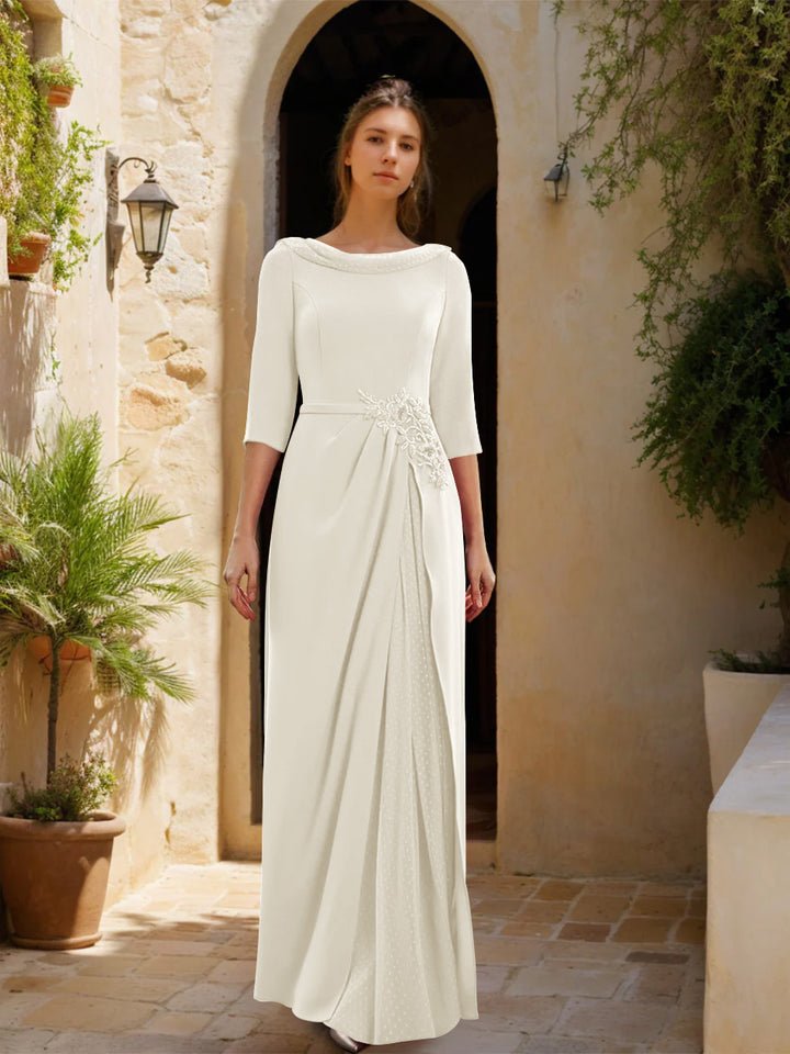 Sheath/Column Cowl Neck 3/4 Sleeves Floor-Length Mother of the Bride Dresses with Tulle & Sash & Slit & Jewel Appliques