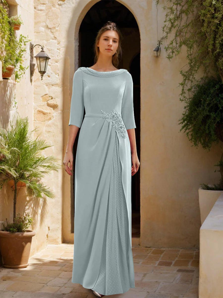Sheath/Column Cowl Neck 3/4 Sleeves Floor-Length Mother of the Bride Dresses with Tulle & Sash & Slit & Jewel Appliques