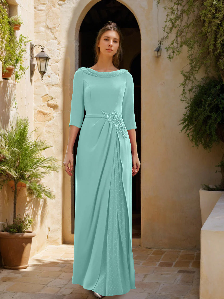 Sheath/Column Cowl Neck 3/4 Sleeves Floor-Length Mother of the Bride Dresses with Tulle & Sash & Slit & Jewel Appliques Light Sky Blue Sheath/Column Cowl Neck 3/4 Sleeves Floor-Length Mother of the Bride Dresses with Tulle & Sash & Slit & Jewel Appliques Light Sky Blue
