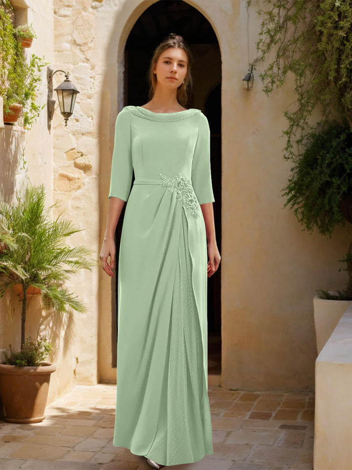 Sheath/Column Cowl Neck 3/4 Sleeves Floor-Length Mother of the Bride Dresses with Tulle & Sash & Slit & Jewel Appliques
