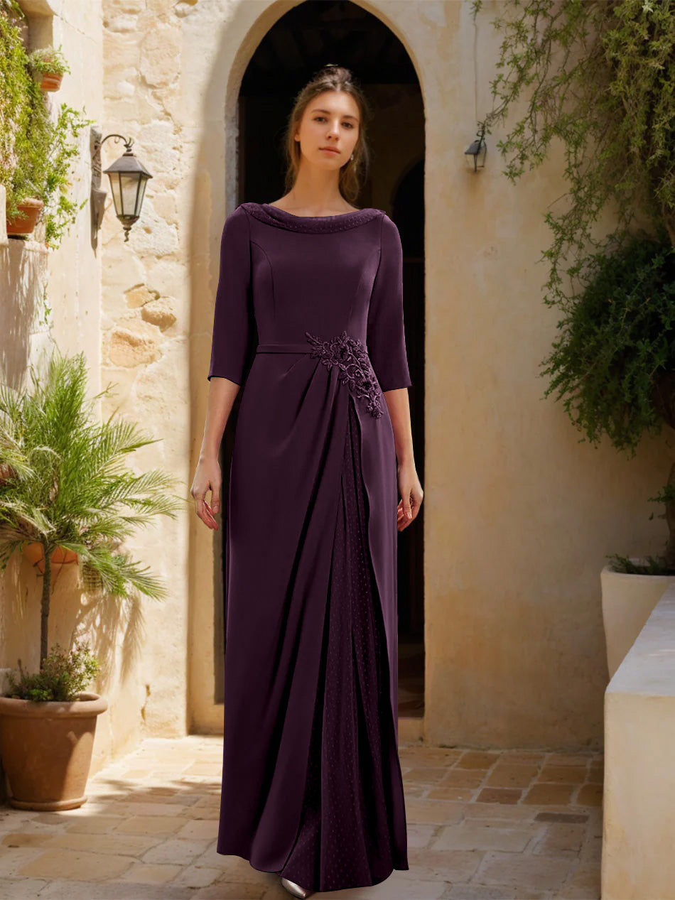 Sheath/Column Cowl Neck 3/4 Sleeves Floor-Length Mother of the Bride Dresses with Tulle & Sash & Slit & Jewel Appliques Taupe