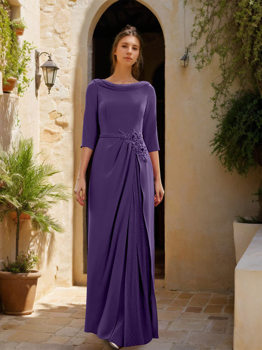 Sheath/Column Cowl Neck 3/4 Sleeves Floor-Length Mother of the Bride Dresses with Tulle & Sash & Slit & Jewel Appliques