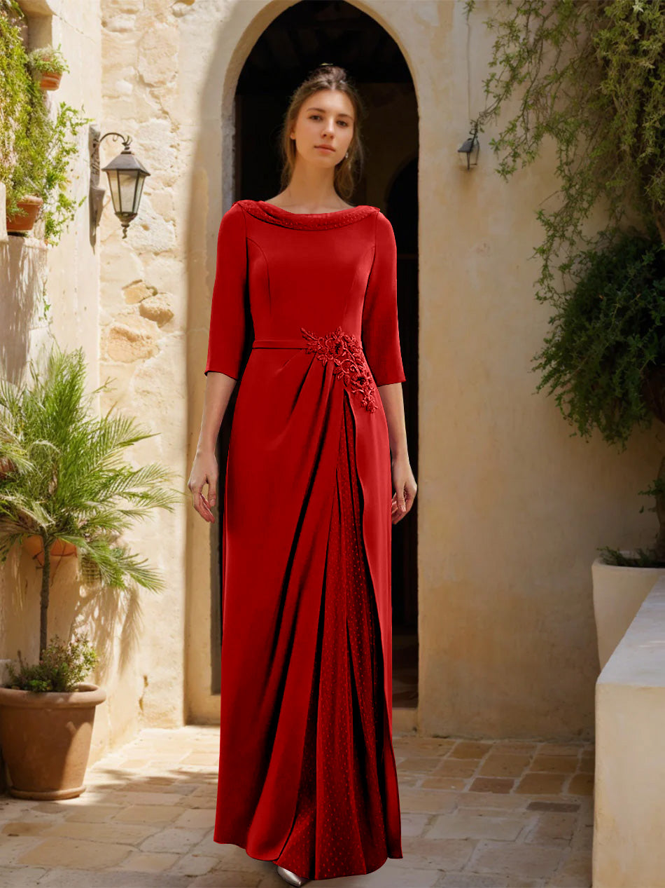 Sheath/Column Cowl Neck 3/4 Sleeves Floor-Length Mother of the Bride Dresses with Tulle & Sash & Slit & Jewel Appliques Red Sheath/Column Cowl Neck 3/4 Sleeves Floor-Length Mother of the Bride Dresses with Tulle & Sash & Slit & Jewel Appliques Red