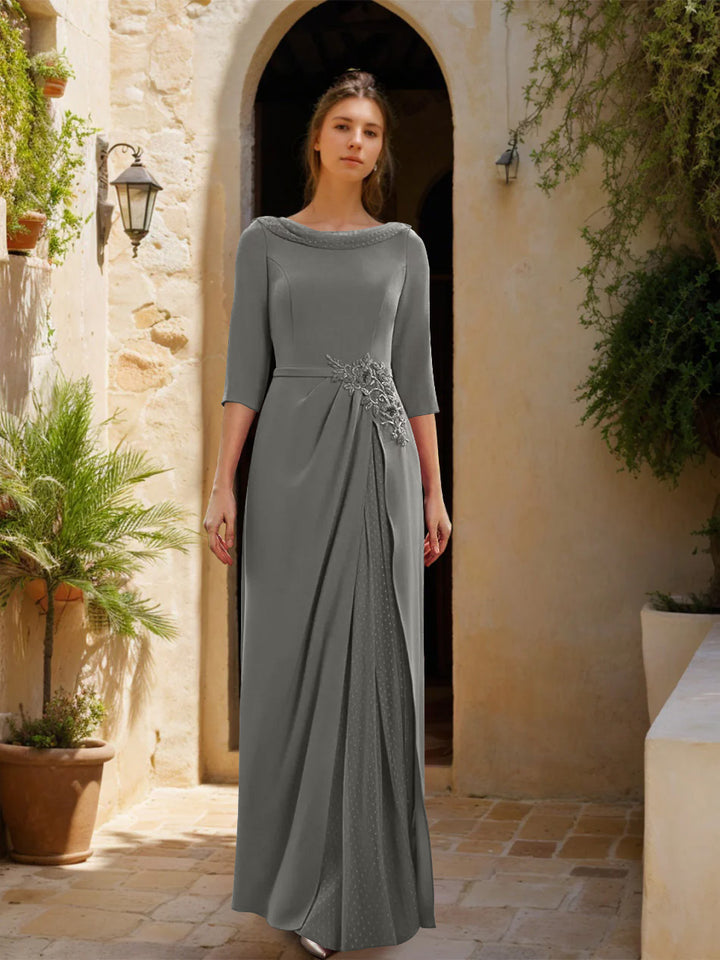 Sheath/Column Cowl Neck 3/4 Sleeves Floor-Length Mother of the Bride Dresses with Tulle & Sash & Slit & Jewel Appliques