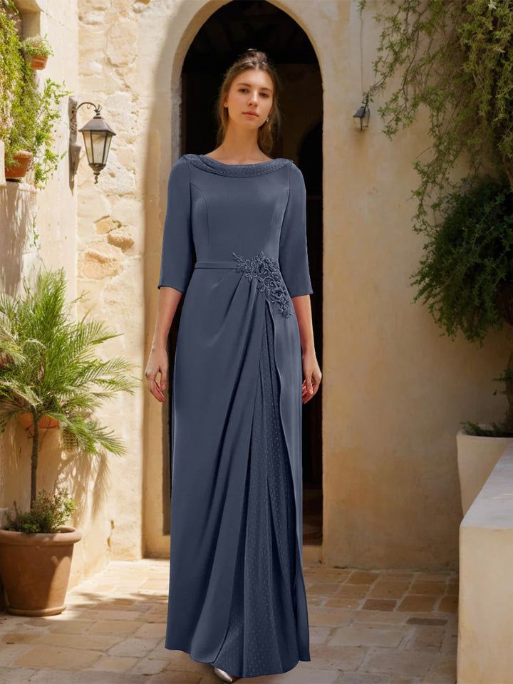 Sheath/Column Cowl Neck 3/4 Sleeves Floor-Length Mother of the Bride Dresses with Tulle & Sash & Slit & Jewel Appliques