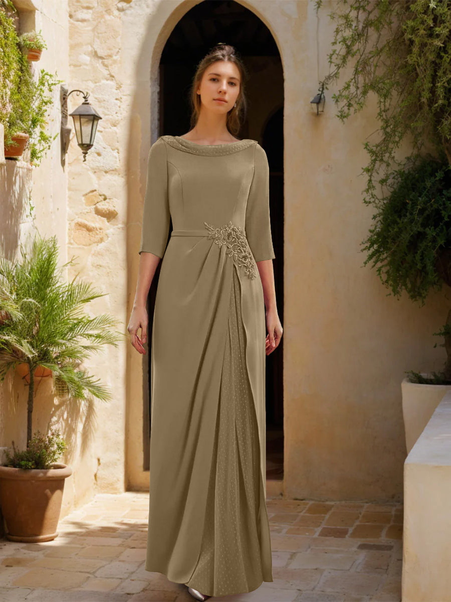Sheath/Column Cowl Neck 3/4 Sleeves Floor-Length Mother of the Bride Dresses with Tulle & Sash & Slit & Jewel Appliques