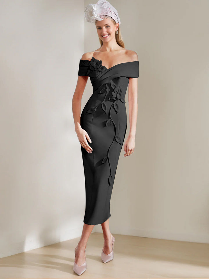 Sheath/Column Off-the-shoulder Tea-Length Mother of the Bride Dresses with 3D Flowers