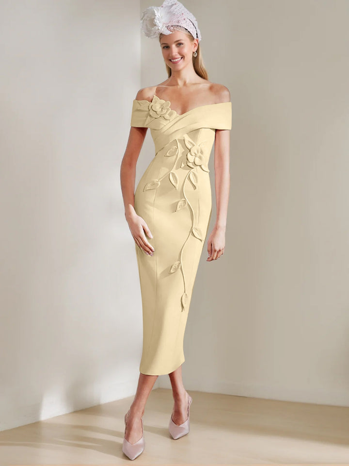 Sheath/Column Off-the-shoulder Tea-Length Mother of the Bride Dresses with 3D Flowers
