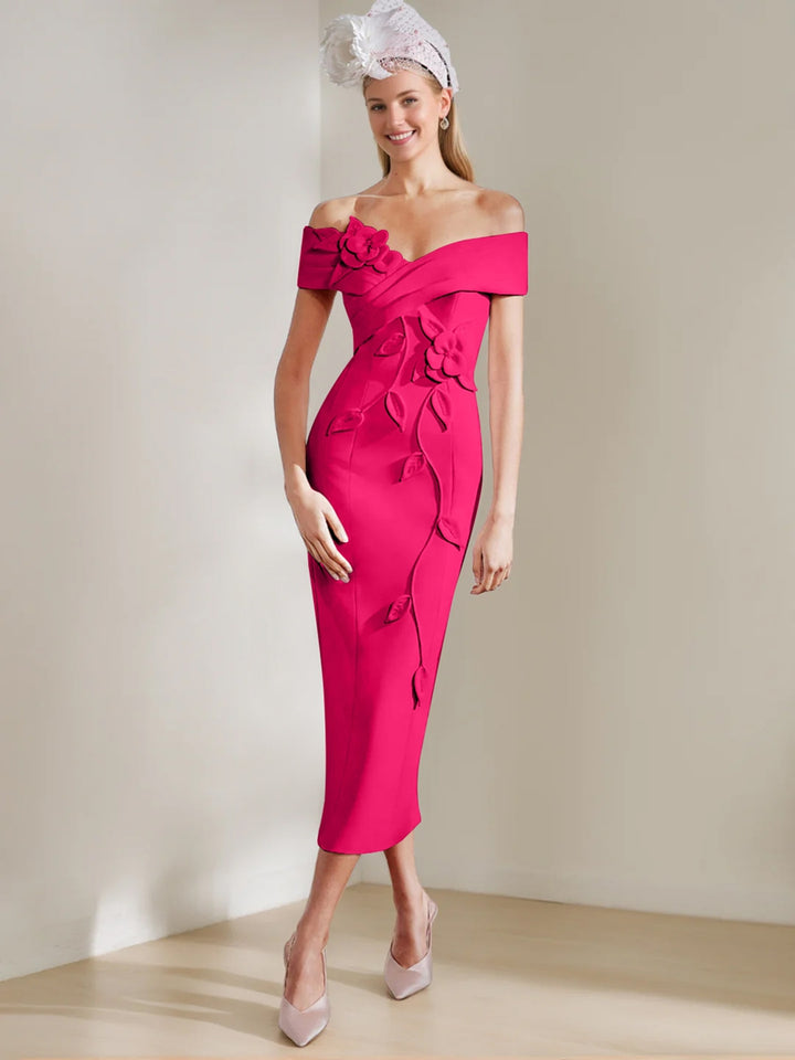 Sheath/Column Off-the-shoulder Tea-Length Mother of the Bride Dresses with 3D Flowers