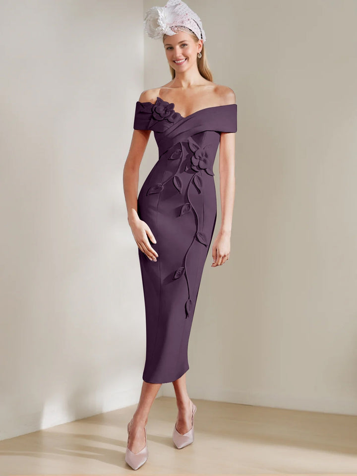 Sheath/Column Off-the-shoulder Tea-Length Mother of the Bride Dresses with 3D Flowers