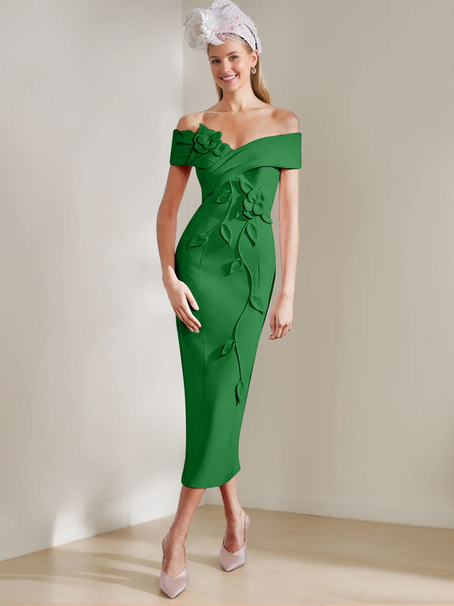 Sheath/Column Off-the-shoulder Tea-Length Mother of the Bride Dresses with 3D Flowers