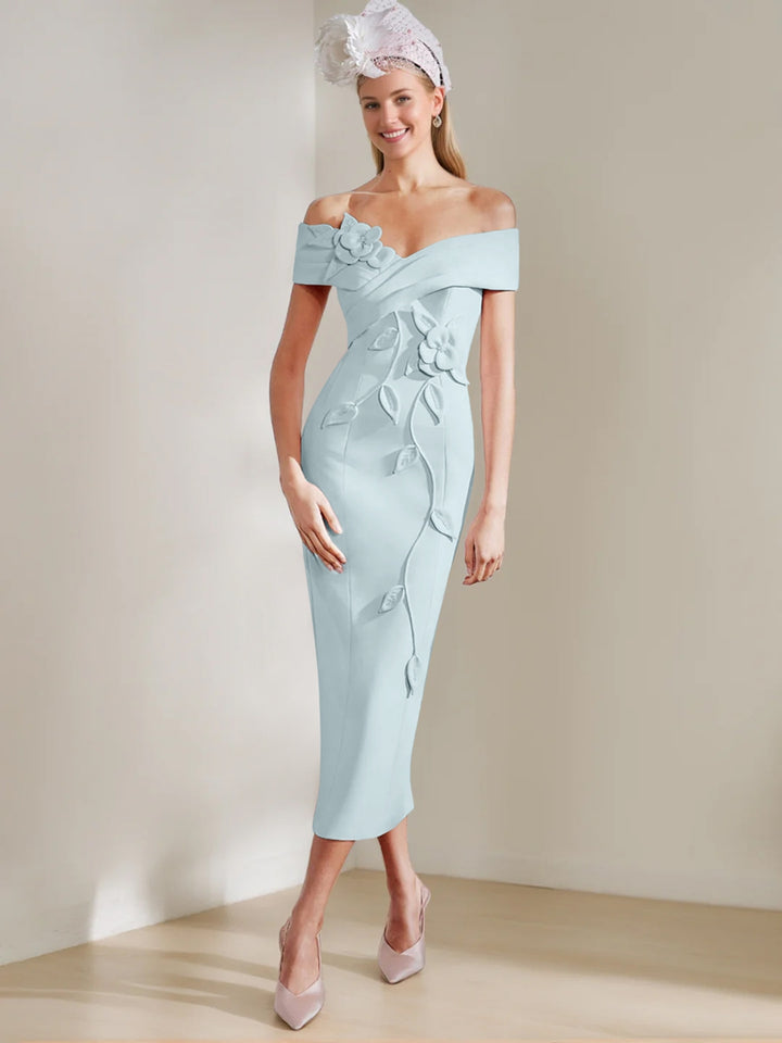 Sheath/Column Off-the-shoulder Tea-Length Mother of the Bride Dresses with 3D Flowers