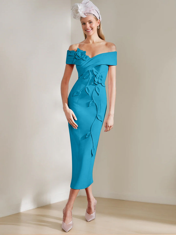 Sheath/Column Off-the-shoulder Tea-Length Mother of the Bride Dresses with 3D Flowers
