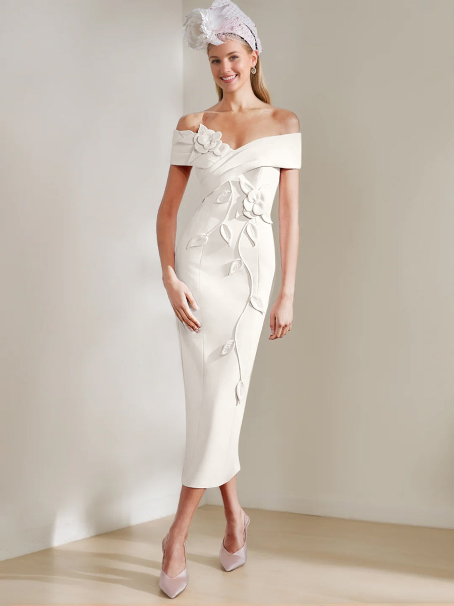 Sheath/Column Off-the-shoulder Tea-Length Mother of the Bride Dresses with 3D Flowers